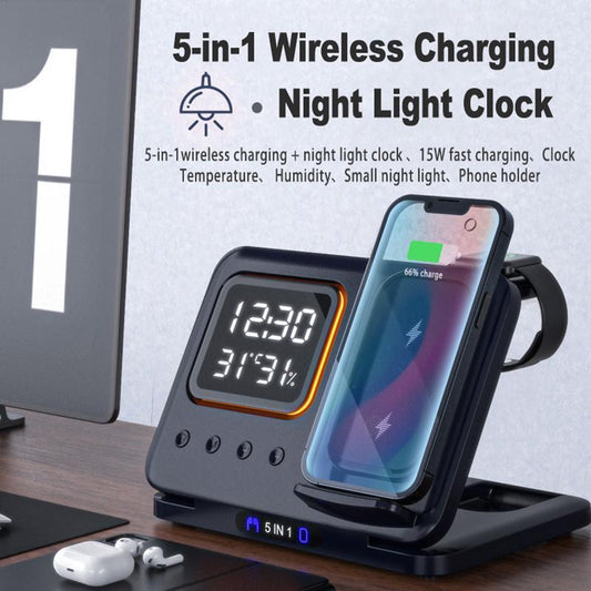 🌐15W Wireless Chargers Stand 5 In1 LED Digital Alarm Clock Fast Charging Dock Station